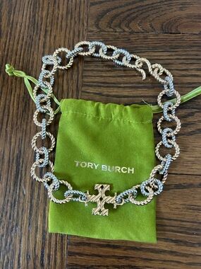Tory Burch Gold & Silver textured Rope Chain Necklace with Logo Pendant